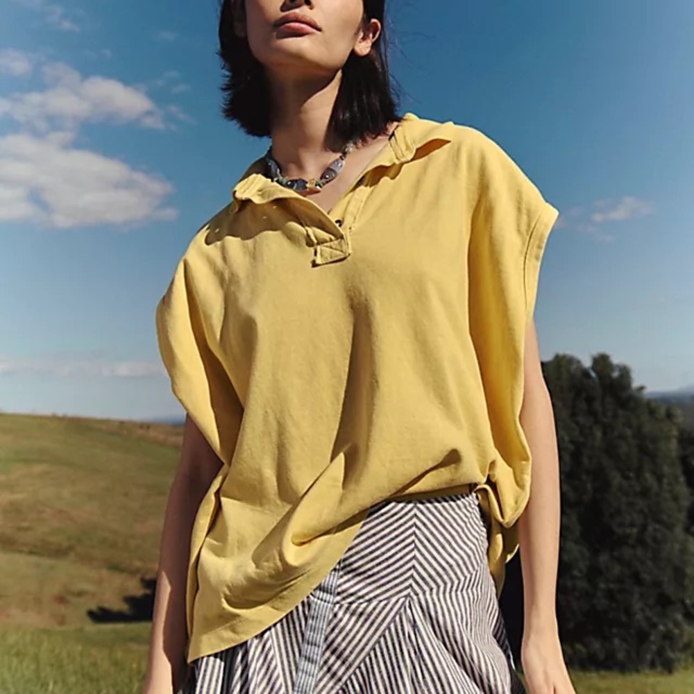 Free People Yellow Sleeveless Boxy Polo Top